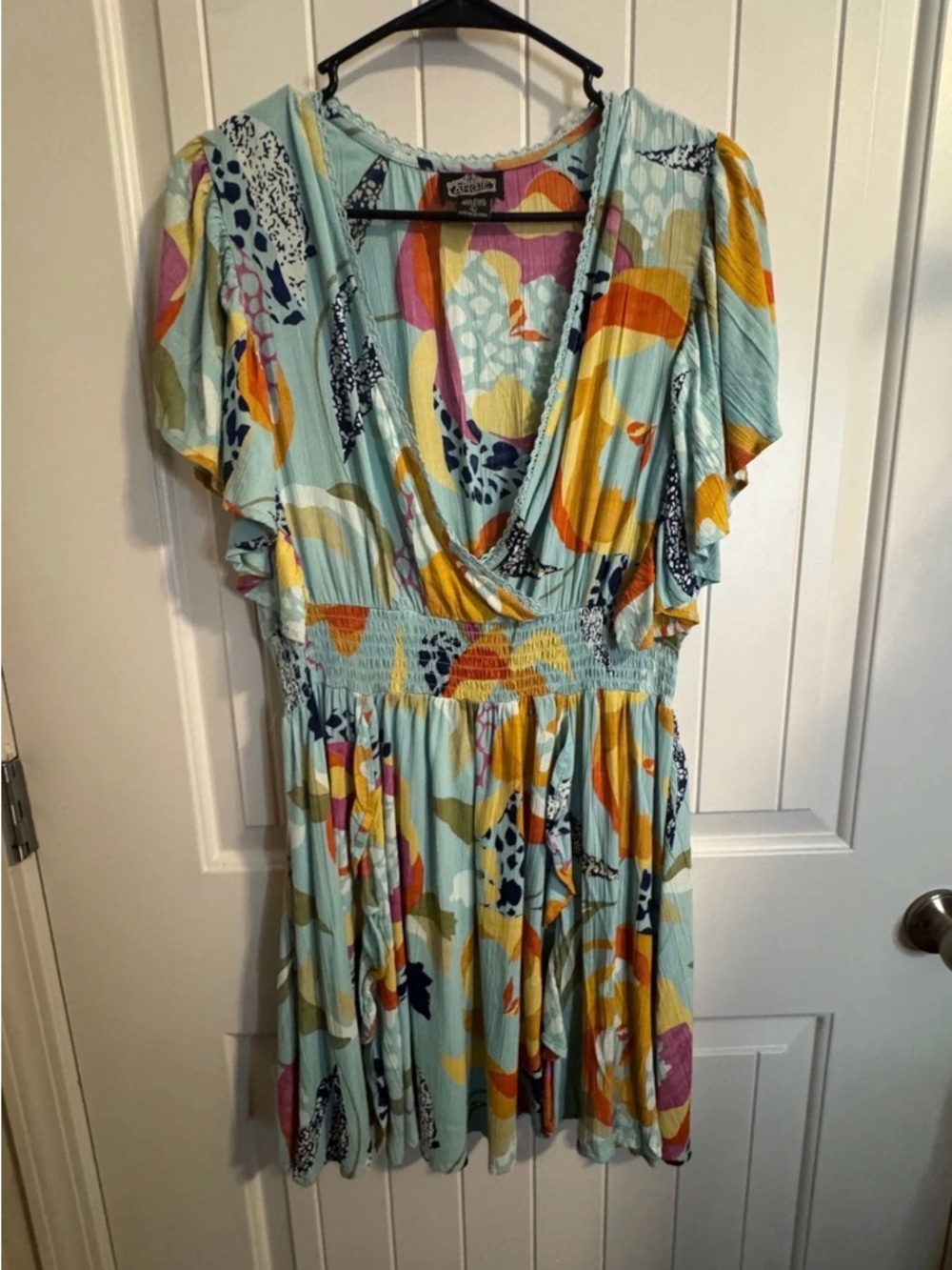 Angie Floral Abstract Print V-Neck Romper Dress in Aqua Multi - Picture 3 of 5